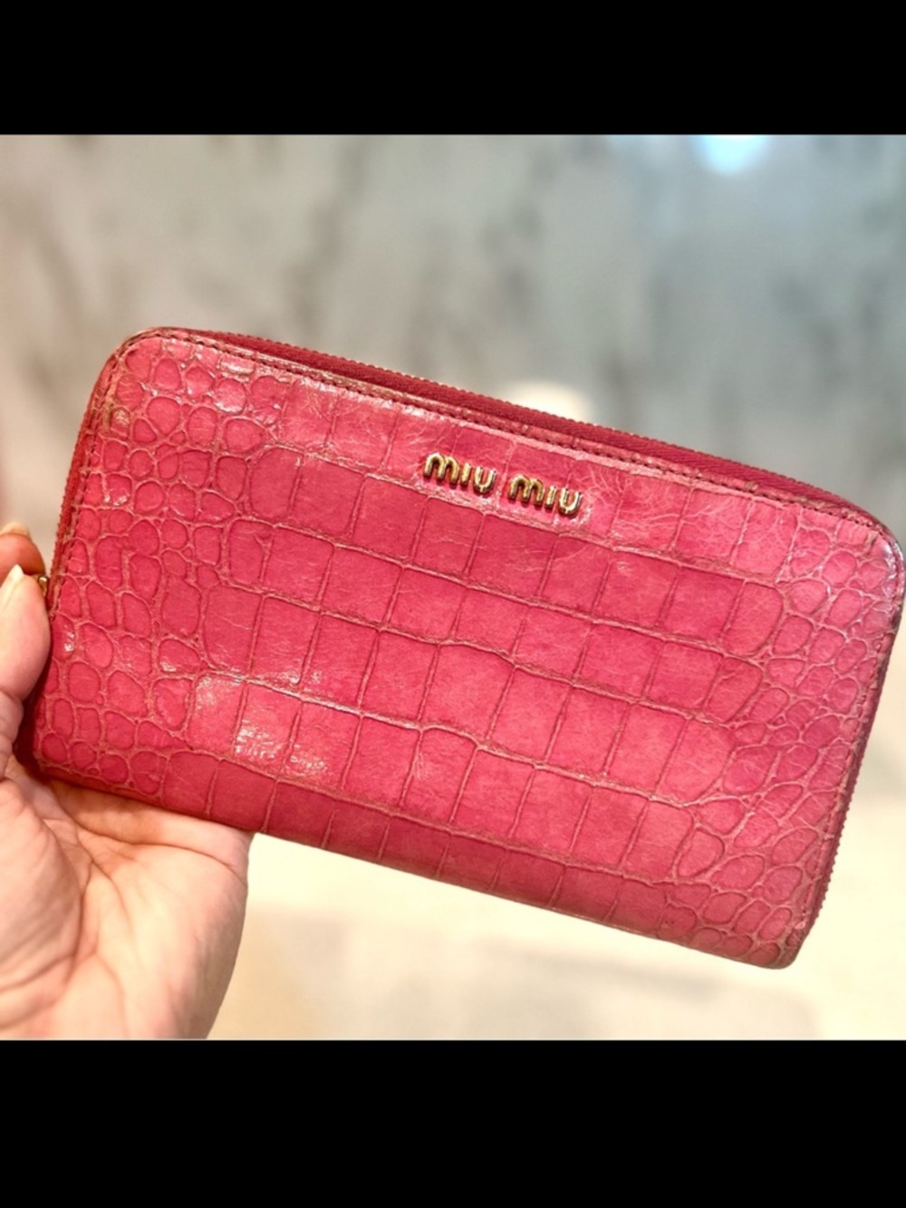 Miu Miu Pink Croc Embossed Patent Leather Zip Around Wallet
